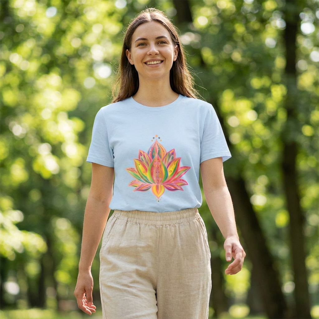 Lifestyle shot of a unisex Lotus Mandala T-shirt in a casual setting, featuring hand-drawn, colorful mandala artwork with a pink/orange palette.