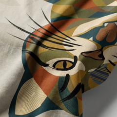 Navy blue t-shirt featuring a Playful Sacred-Geometry cat with an upside-down yawn, shown in a lifestyle studio close-up setting.