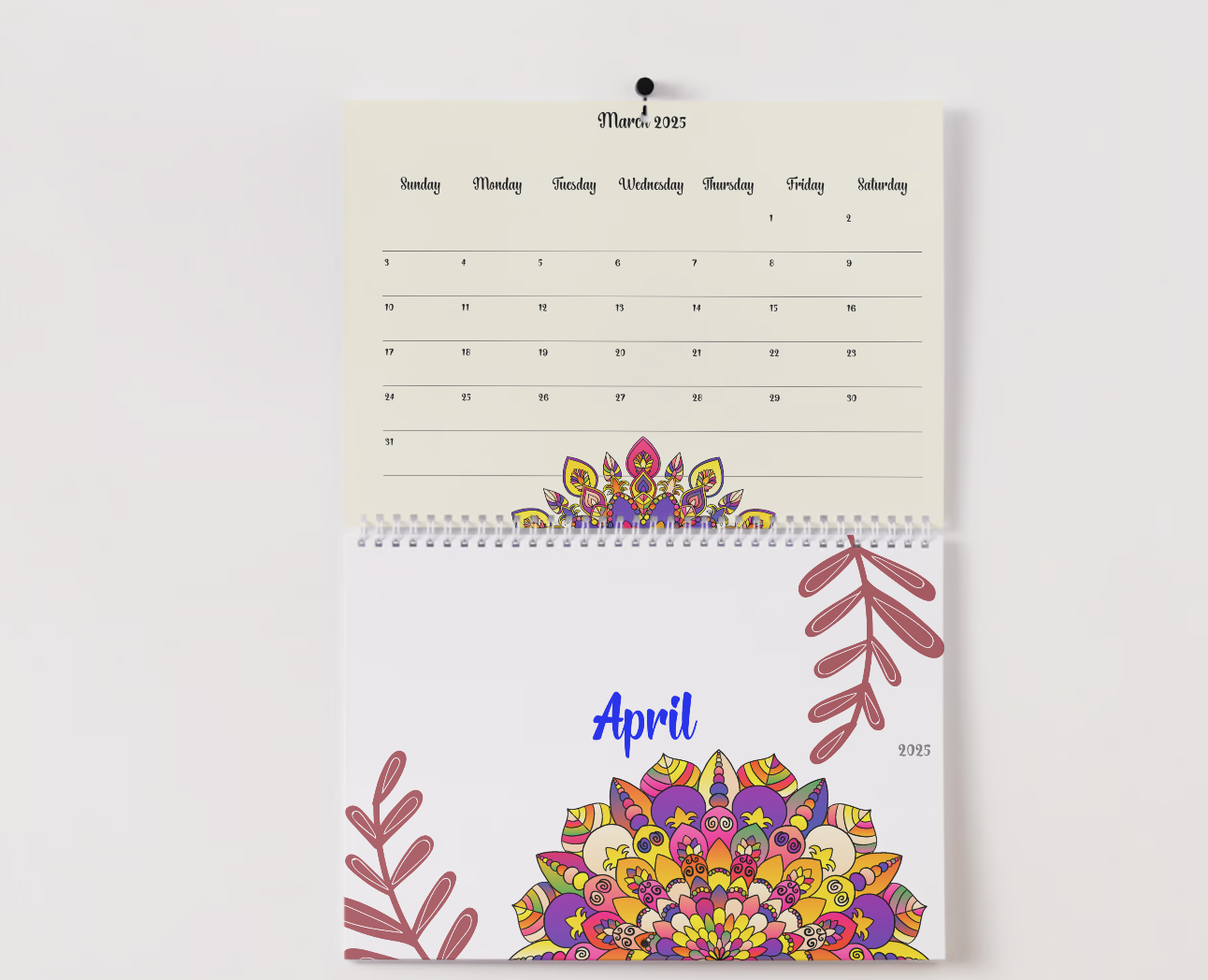 Top view of 2025 calendar with holidays printable with space for notes and reminders