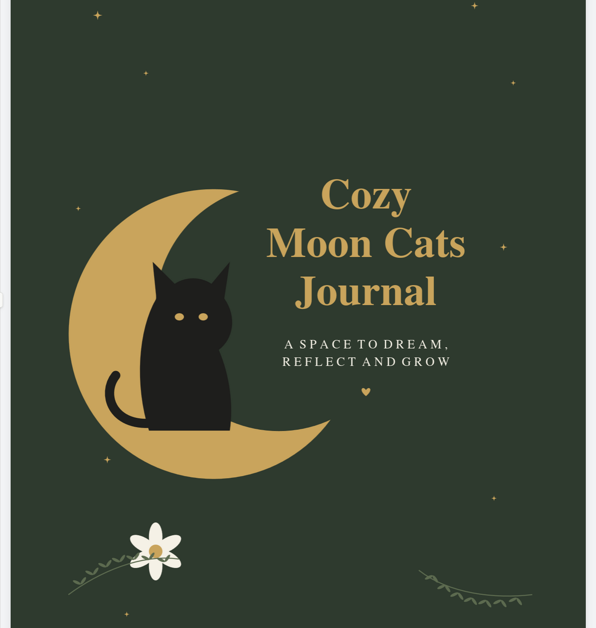 A journal cover design featuring a black cat sitting on a gold crescent moon against a dark green background with small stars and the title text 'Cozy Moon Cats Journal'.