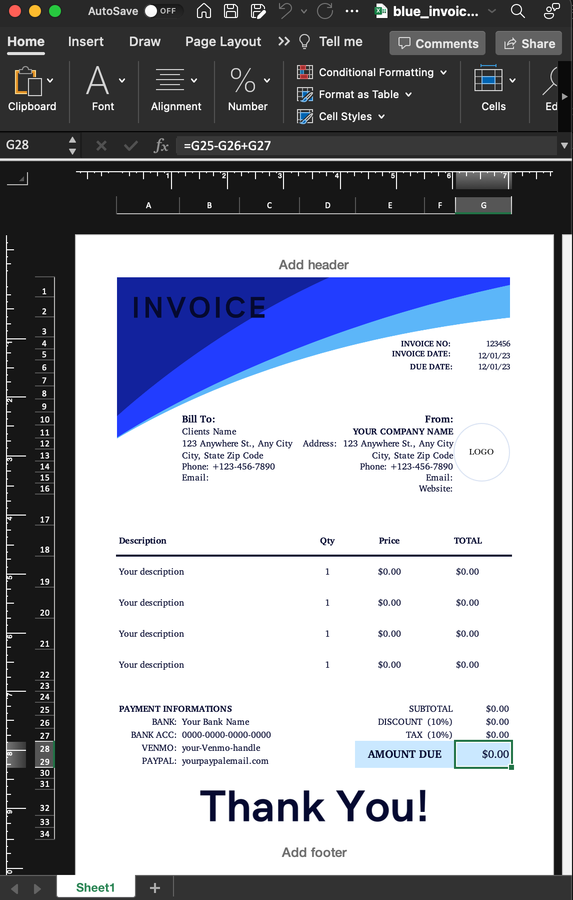 Blue Invoice Template | Editable Excel & Word Format | US Letter | Small Business