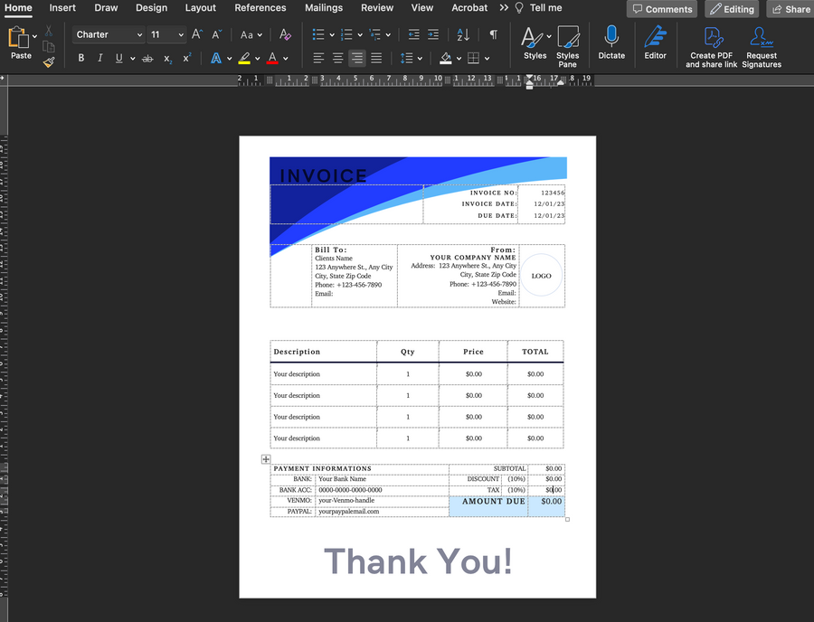 Modello di fattura modificabile blu in formato Excel e Word