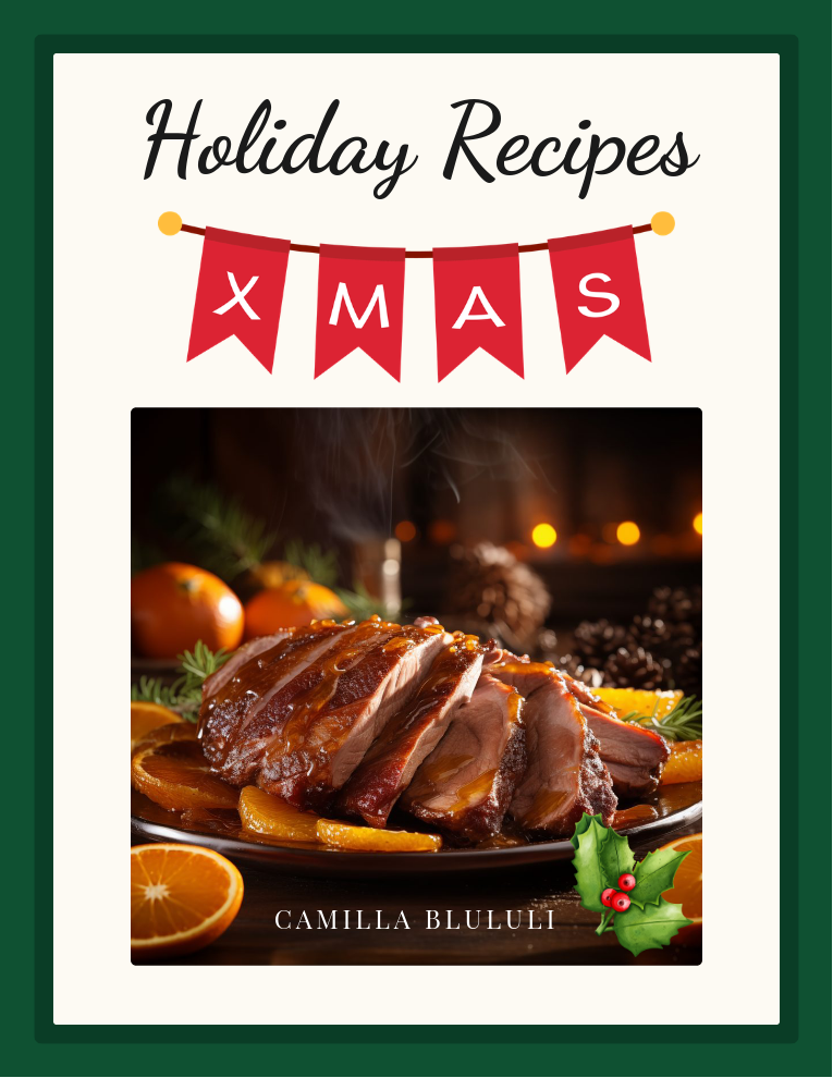 Book cover of 'Holiday Recipes XMAS' with a roasted dish and festive decorations.