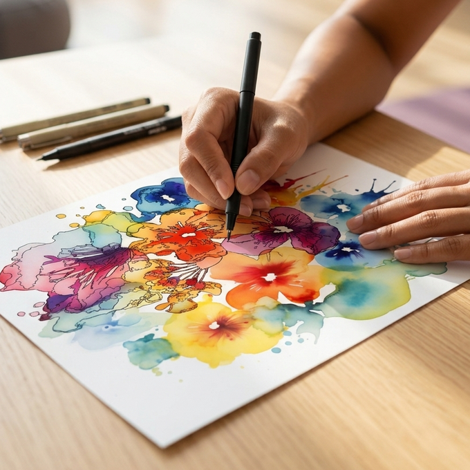 Person drawing colorful flowers on a piece of paper with markers.