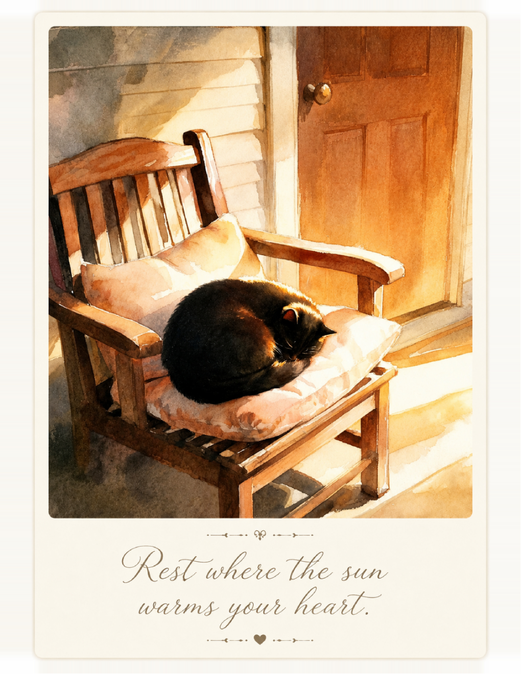 A warm-toned art print showing a black cat curled up asleep on a cushioned wooden chair by a door, with the text 'Rest where the sun warms your heart.' below the illustration.
