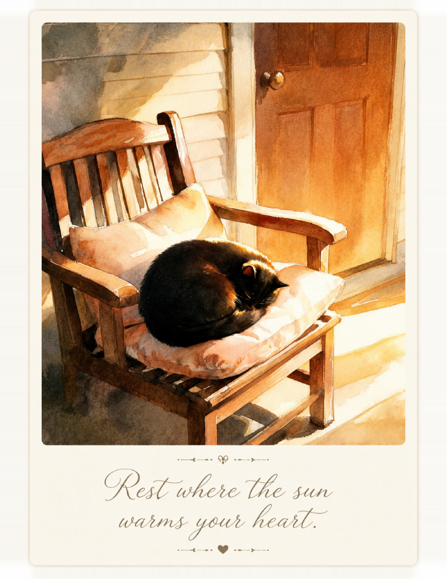 A warm-toned art print showing a black cat curled up asleep on a cushioned wooden chair by a door, with the text 'Rest where the sun warms your heart.' below the illustration.