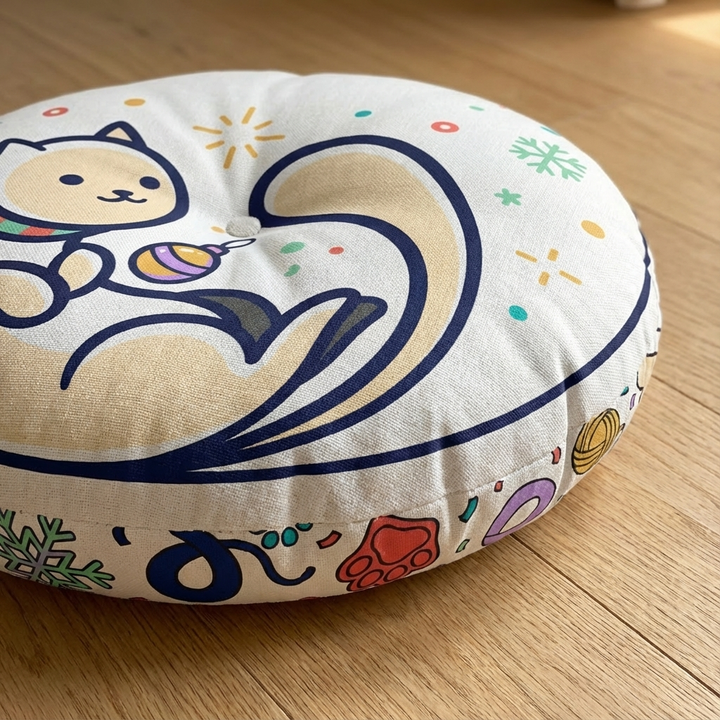 Round tufted floor pillow with Cozy New Year / Winter 2025 cat design in teal (#0EC3C9) and warm accents, shown in a cozy living-room close-up, featuring line-art cat in a crescent pose among confetti and stars, lifestyle setting.