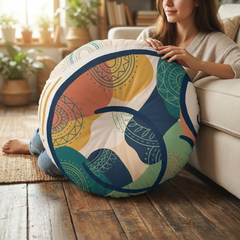 Round cat floor pillow in warm tones with purring cat illustration; boho line textures, lifestyle shot in a cozy living room showing warmth and homey comfort