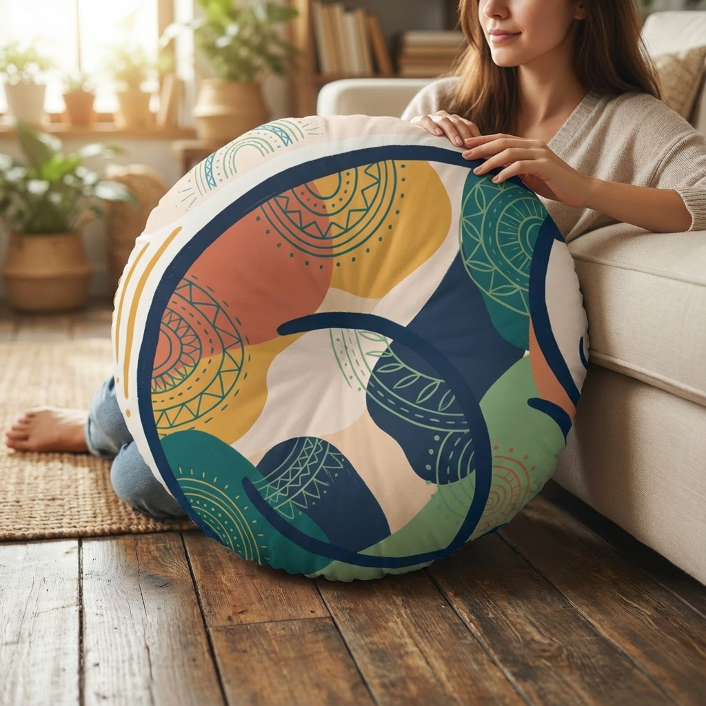 Round cat floor pillow in warm tones with purring cat illustration; boho line textures, lifestyle shot in a cozy living room showing warmth and homey comfort