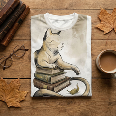 Dark charcoal t-shirt with cloaked cat on books minimalist artwork; lifestyle studio shot showing the draped cat design and parchment-toned accents against the dark fabric.