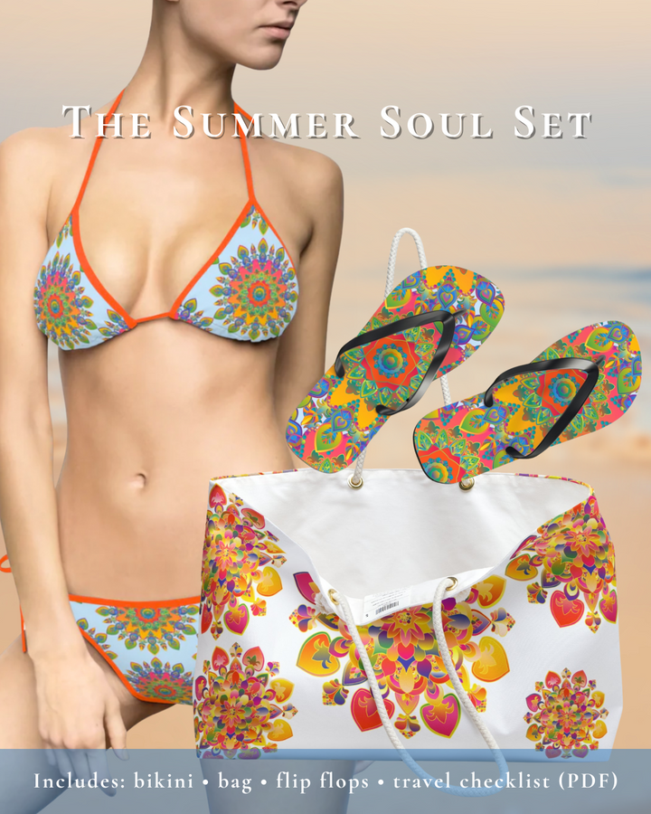 Colorful bikini set with matching bag and flip-flops on a plain background