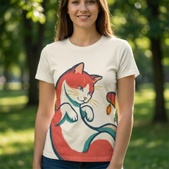 Flatlay of a Cozy crescent cat in Ukiyo-e warmth design on a soft, light-colored t-shirt. Colors include peachy cream, coral red, warm gold, teal, and soft brown accent lines. Lifestyle studio setting showing the shirt folded with a faint wooden background and subtle shadow, highlighting the t-shirt’s clean silhouette and minimal, brush-like outlines.