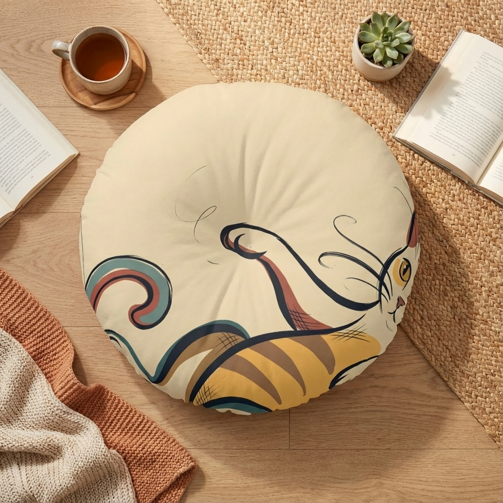 Dark Academia cat floor pillow in deep charcoal (#0F1720) with warm mustard and teal accents, round tufted design. Lifestyle setting in a reading nook with a curious cat companion, emphasizing bookish comfort and a playful vibe.
