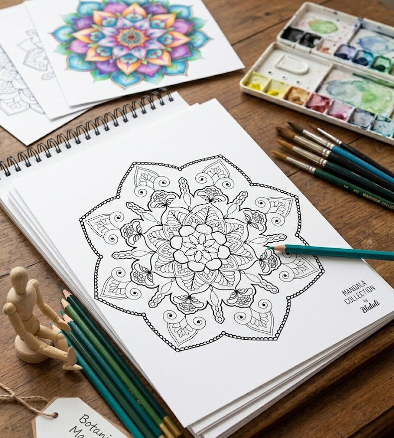 Coloring book with mandala design, watercolor set, and pencils on a wooden surface