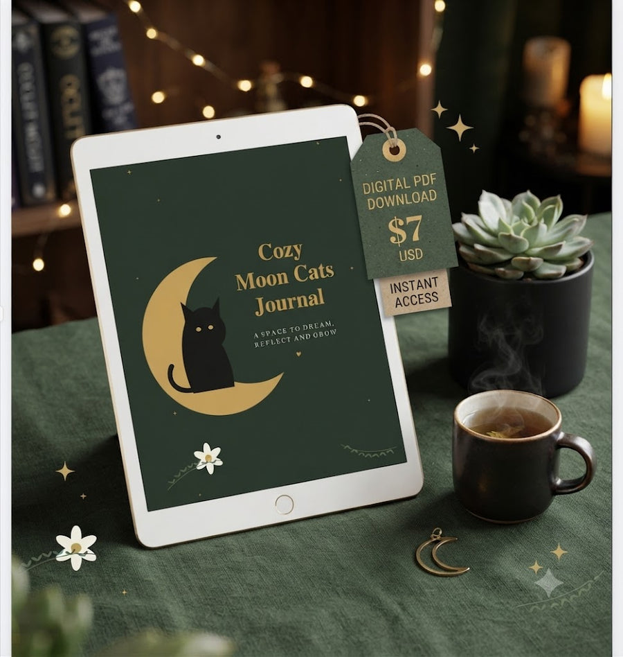A tablet on a green fabric tablecloth displaying a digital journal cover titled 'Cozy Moon Cats Journal' with a black cat on a crescent moon. A hanging tag reads 'DIGITAL PDF DOWNLOAD $7 USD' and 'INSTANT ACCESS.