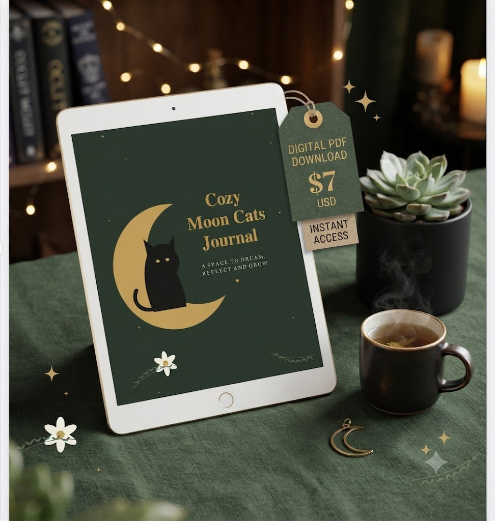 A tablet on a green fabric tablecloth displaying a digital journal cover titled 'Cozy Moon Cats Journal' with a black cat on a crescent moon. A hanging tag reads 'DIGITAL PDF DOWNLOAD $7 USD' and 'INSTANT ACCESS.
