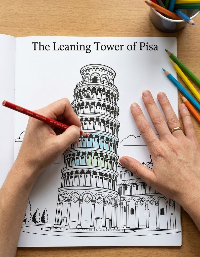 A person's hands are shown coloring in a black and white line art coloring book page of 'The Leaning Tower of Pisa' with a red pencil, on a wooden table with other colored pencils.