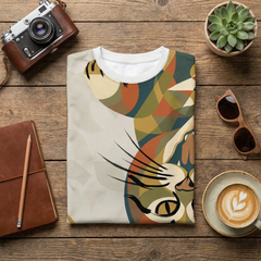 Navy blue t-shirt featuring a Playful Sacred-Geometry cat with an upside-down yawn design; lifestyle studio shot showing the shirt laid flat with soft lighting, highlighting the geometric lines and color accents (#0B2545, #E1B000, #FF6B6B, #FFF5E6).