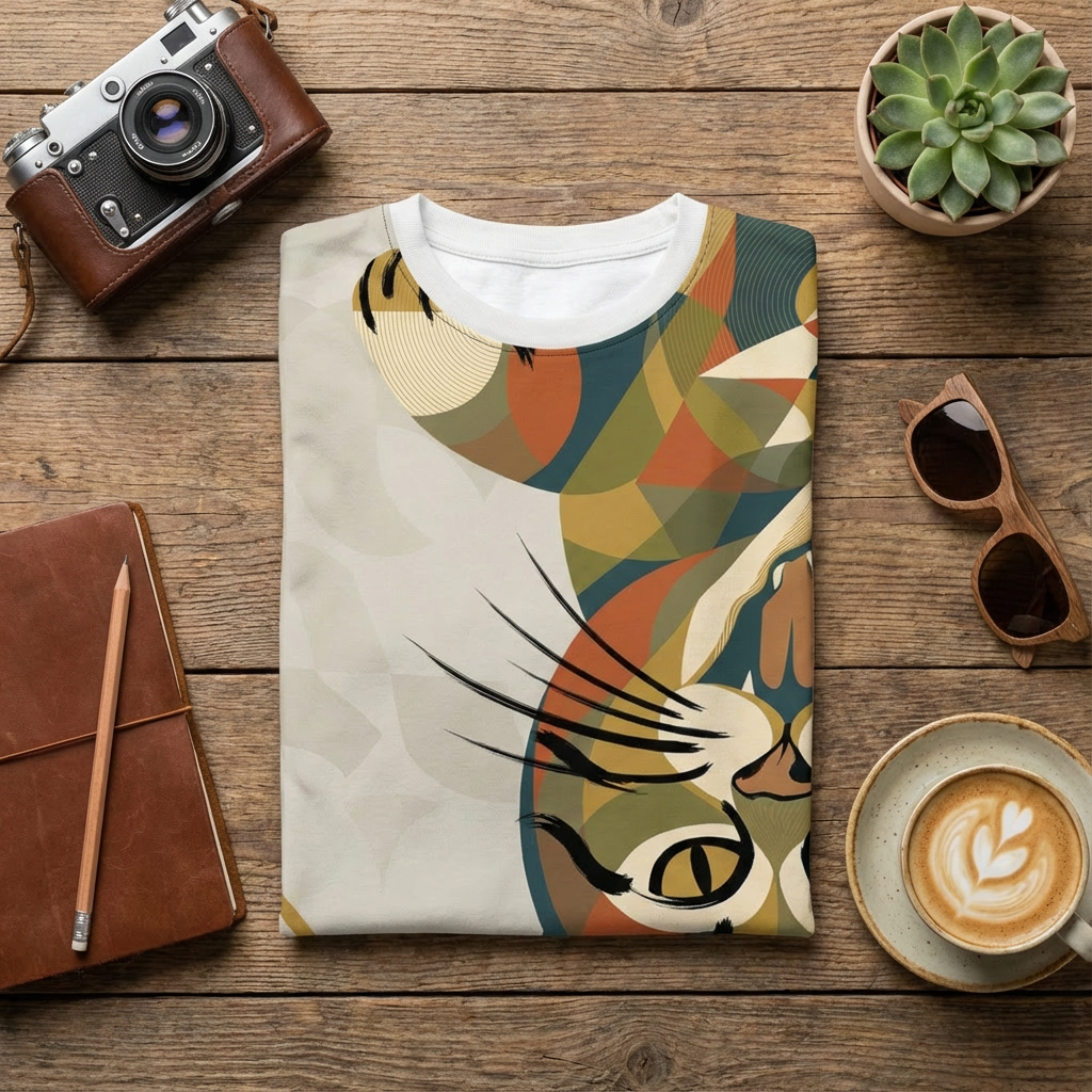 Navy blue t-shirt featuring a Playful Sacred-Geometry cat with an upside-down yawn design; lifestyle studio shot showing the shirt laid flat with soft lighting, highlighting the geometric lines and color accents (#0B2545, #E1B000, #FF6B6B, #FFF5E6).