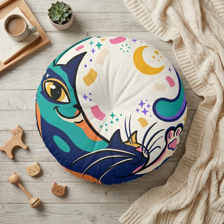Blue-dominated round tufted floor pillow with curling crescent cat line art; winter New Year confetti feel; lifestyle close-up in a cozy living room setting.