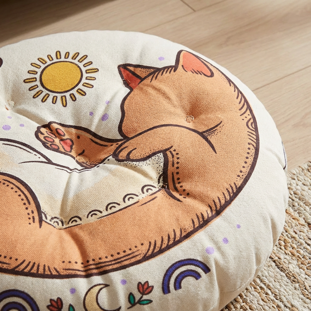 Cream round floor pillow featuring a curled crescent cat in a boho line-art style with bright accents in peach (#FFB88C), yellow (#FFD54A), coral (#FF6B6B), teal (#35C9C9), purple (#4B43C8); lifestyle setting in a cozy living room, showing warmth and relaxation.