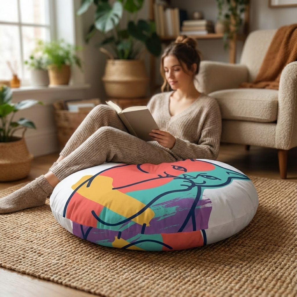 Dark blue (#0B2340) and accent colors on a sarcastic cat double-exposure line art design, shown on a round tufted floor pillow in a lifestyle living room setting.