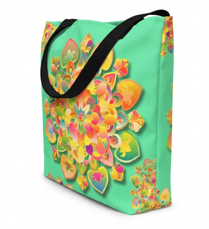 Borsa tote con mandala floreale — Stampa integrale verde tropicale brillante