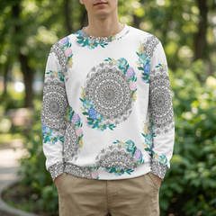 Lifestyle shot of a pastel Easter mandala sweatshirt on a model, featuring intricate linework inside an Easter-egg shaped floral crown in soft lavender, yellow, and teal, shown in a casual, everyday setting