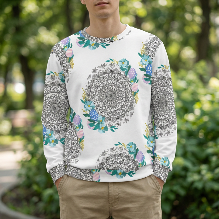 Lifestyle shot of a pastel Easter mandala sweatshirt on a model, featuring intricate linework inside an Easter-egg shaped floral crown in soft lavender, yellow, and teal, shown in a casual, everyday setting