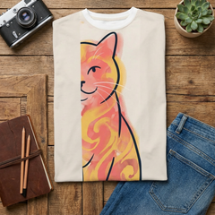 No-Nonsense Cat Tee, dark navy/black t-shirt with a double exposure sarcastic cat illustration; lifestyle studio shot showing the shirt on a model with a relaxed pose, close-up on the graphic details.
