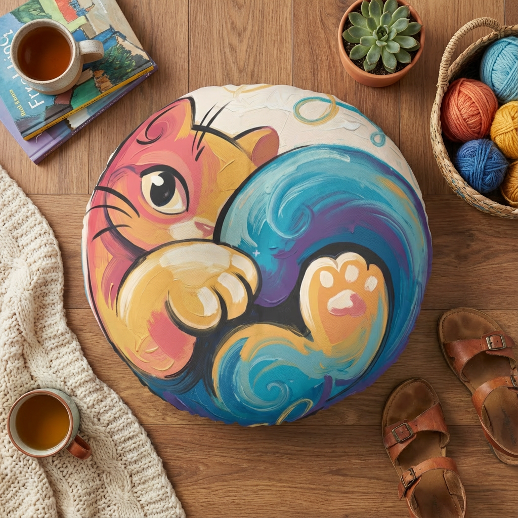 Round floor pillow in vibrant colors featuring a curled hugging cat; lifestyle shot in a cozy living room, showing soft comfort and playful design suitable for home decor, close-up style