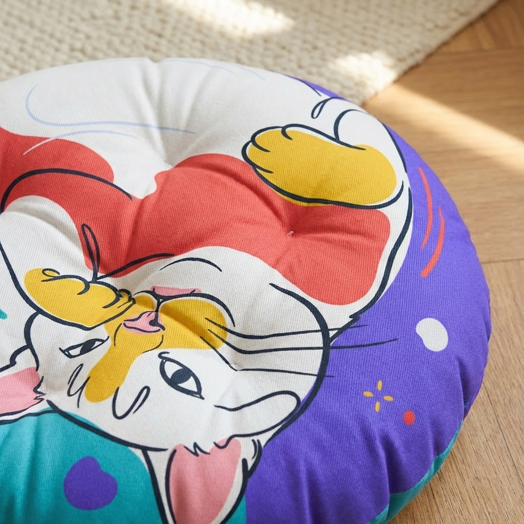 Round tufted cat floor pillow in coral pink with line art; cropped belly-up cat, cozy and playful design, lifestyle close-up in a living room setting