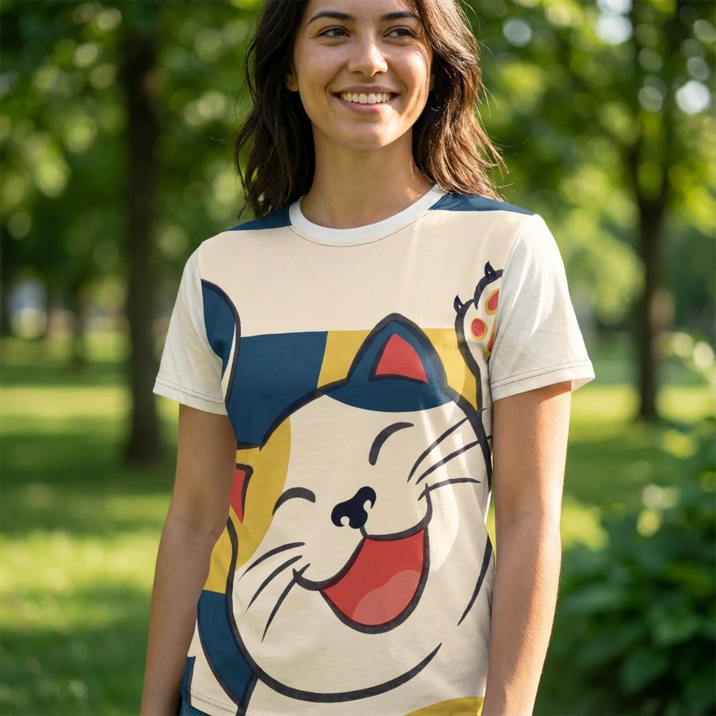 Flat lay lifestyle shot of the Laughing Cat Ukiyo-e Tee featuring bold line art of a laughing cat in blue, red, and gold accents on a light fabric; shirt positioned with soft shadows to emphasize breathable, premium knit; background includes warm wood texture and minimal props to evoke everyday comfort.