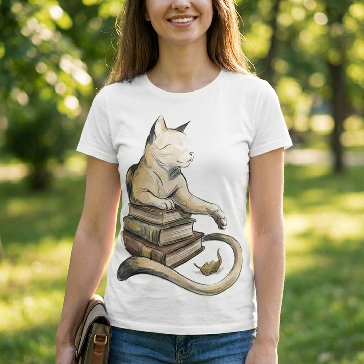Dark heather t-shirt featuring a Dark Academia minimalist cat illustration draped over books; lifestyle flatlay in a muted study setting