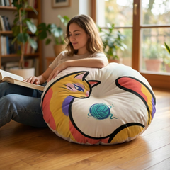 Surreal crescent cat floor pillow in yellow and pastel tones; round tufted cushion with bold colors, shown in a cozy living room setup, lifestyle shot, highlighting soft textures and playful design.