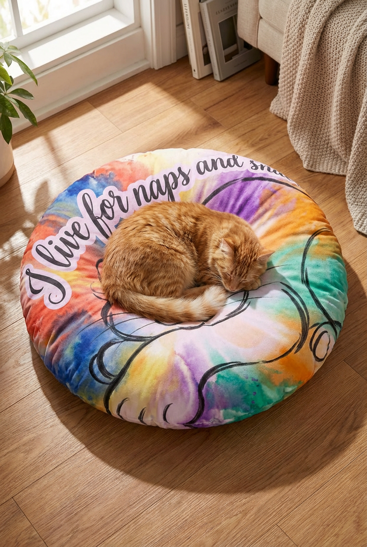 Winter cozy round floor pillow featuring a bright line-art cat in bold blue and warm accents; lifestyle flatlay showing the pillow on a rug with a cozy setting and natural light, highlighting a joyful nap vibe and cat-inspired design.