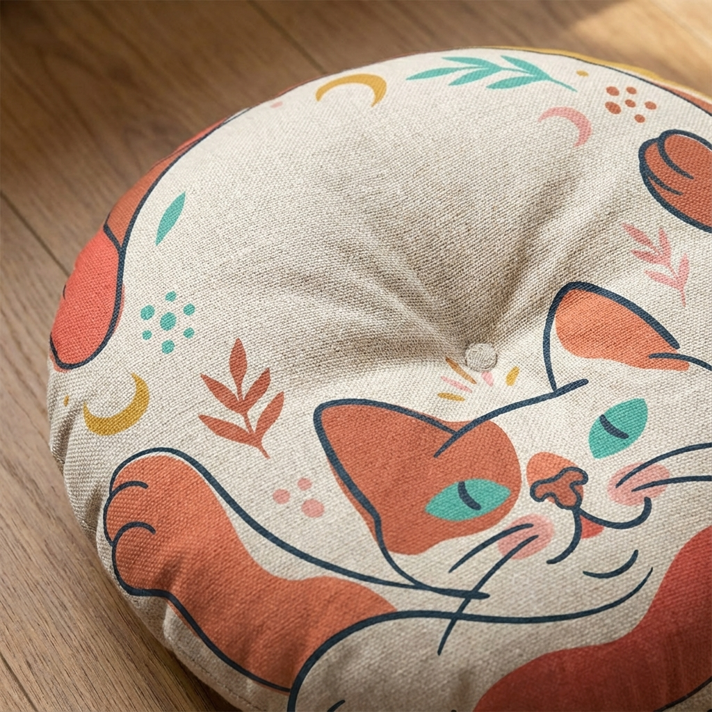 Round Boho Cat Floor Pillow in pink (#FF6B6B) and warm tones, featuring line-art cat design; displayed in a cozy living-room lifestyle setting for product accessibility and SEO.