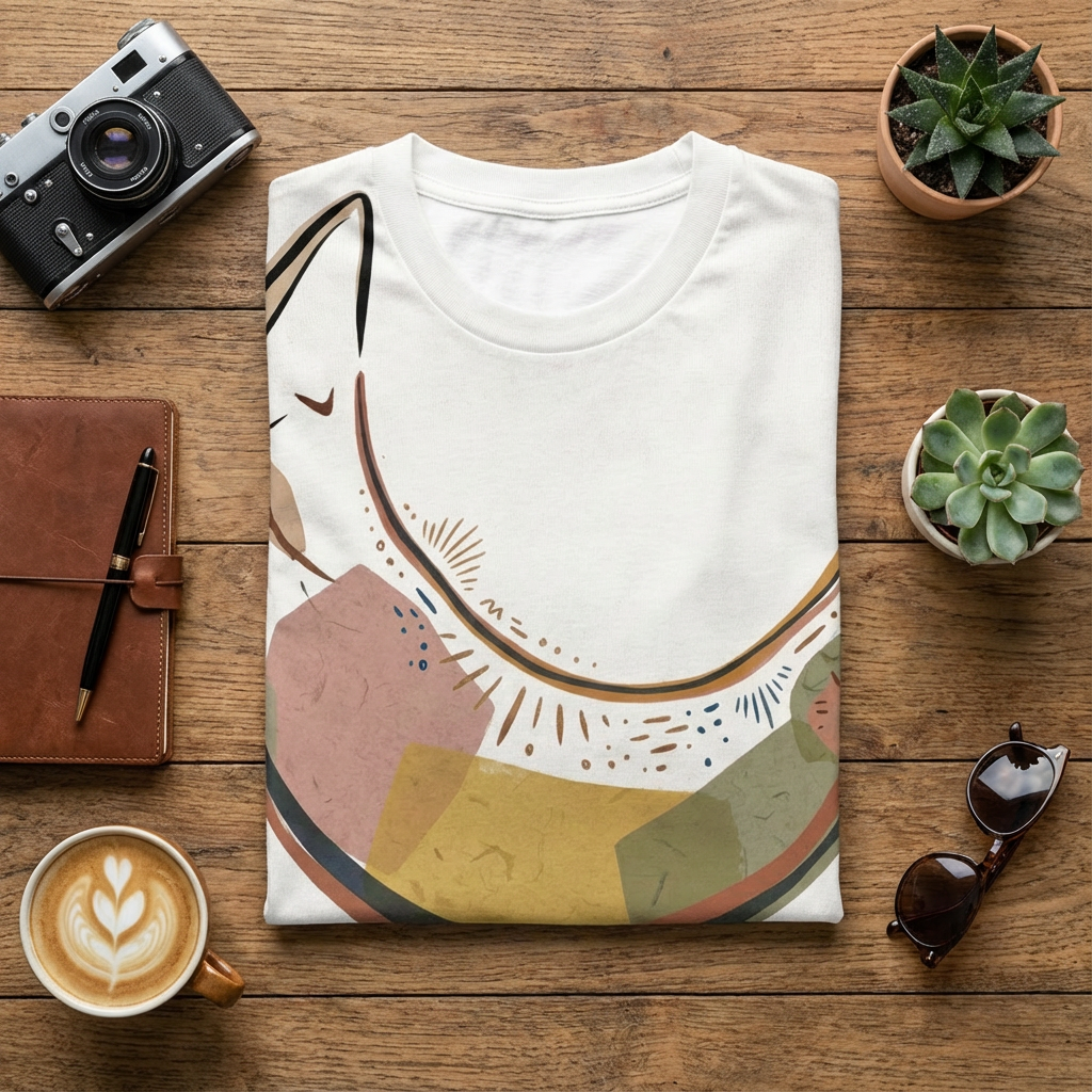 Cream t-shirt with Cozy Crescent Cat boho line art; lifestyle studio setting highlighting the soft texture and relaxed fit