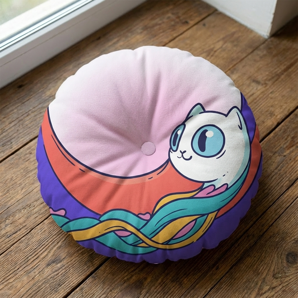 Round tufted floor pillow with Surreal Cute Cat Dream design in pink, yellow, teal, and purple hues; lifestyle shot on a sofa with a book and coffee, showing cozy, inviting ambiance.