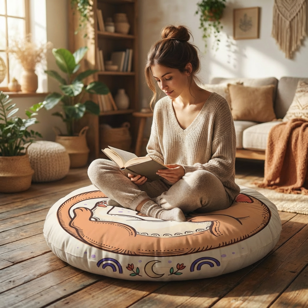 Peach-toned Boho Line-Art Cat curled on a round floor pillow; lifestyle setting showing a cozy living space with warm lighting and casual seating