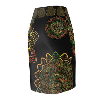 All Over Prints - Women's Pencil Skirt with Hand - Drawn Mandala Design - Gold, Green & Red - Blululi All Over Prints - Blululi