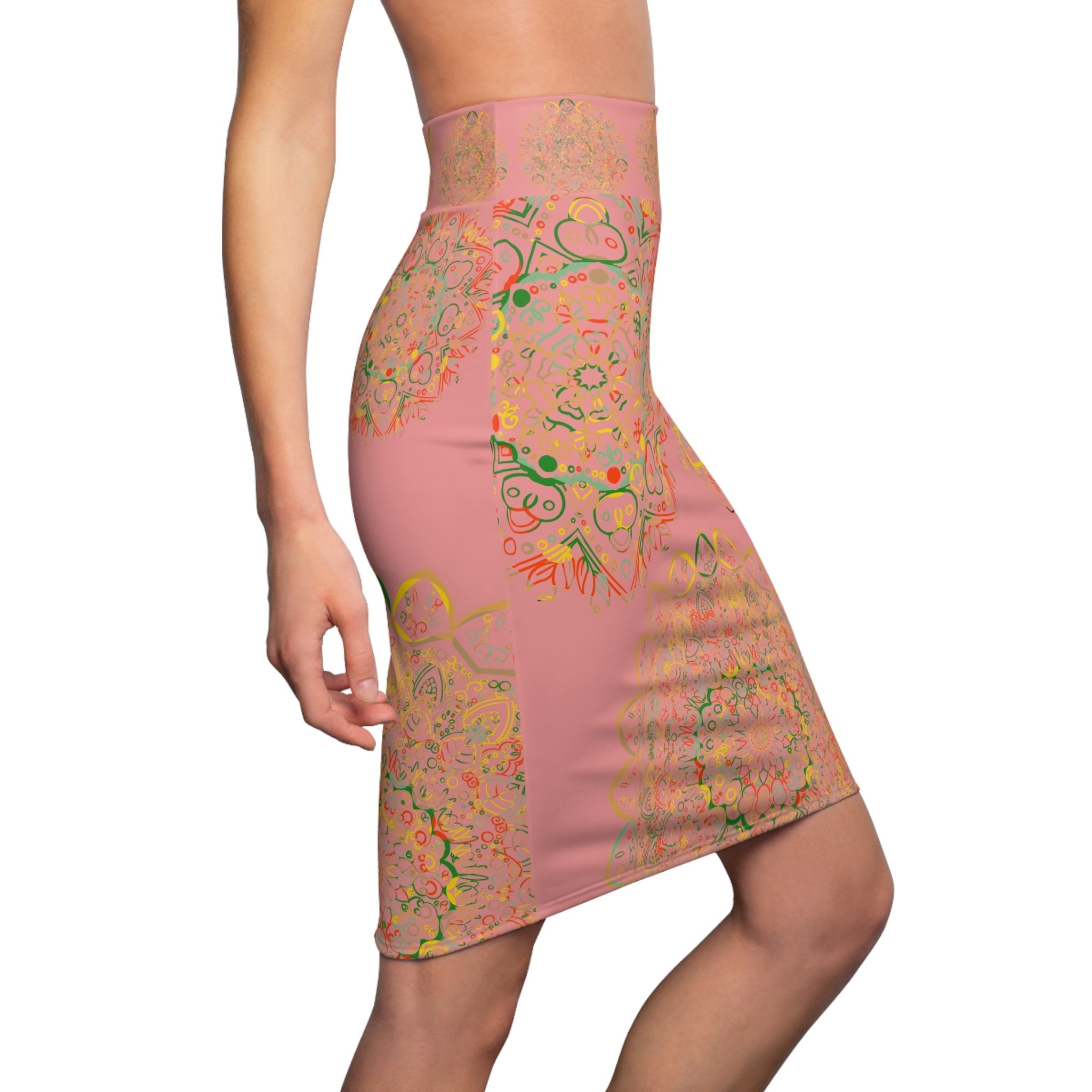 All Over Prints - Women's Pencil Skirt with Hand - Drawn Mandala Design - Gold, Green & Red - Blululi All Over Prints - Blululi