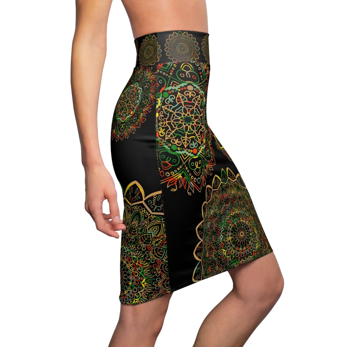 All Over Prints - Women's Pencil Skirt with Hand - Drawn Mandala Design - Gold, Green & Red - Blululi All Over Prints - Blululi