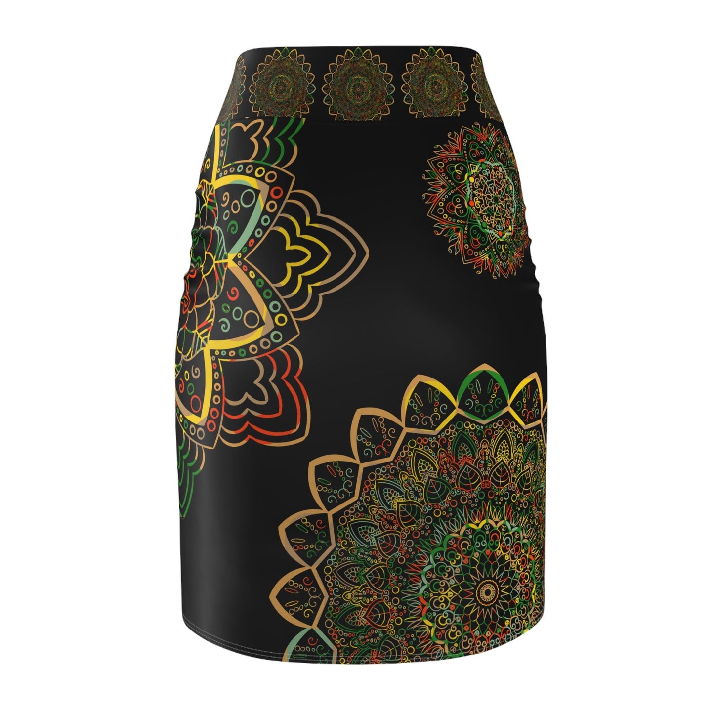 All Over Prints - Women's Pencil Skirt with Hand - Drawn Mandala Design - Gold, Green & Red - Blululi All Over Prints - Blululi