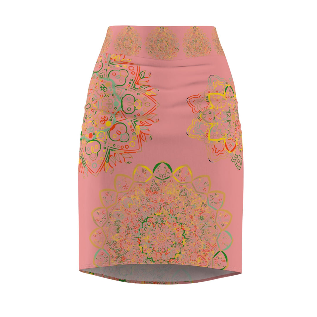 All Over Prints - Women's Pencil Skirt with Hand - Drawn Mandala Design - Gold, Green & Red - Blululi All Over Prints - Blululi