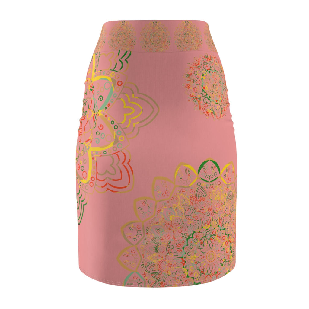 All Over Prints - Women's Pencil Skirt with Hand - Drawn Mandala Design - Gold, Green & Red - Blululi All Over Prints - Blululi