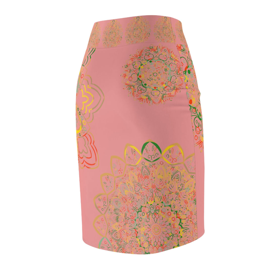 All Over Prints - Women's Pencil Skirt with Hand - Drawn Mandala Design - Gold, Green & Red - Blululi All Over Prints - Blululi