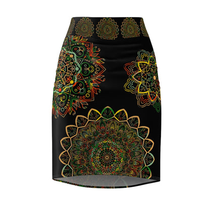 All Over Prints - Women's Pencil Skirt with Hand - Drawn Mandala Design - Gold, Green & Red - Blululi All Over Prints - Blululi