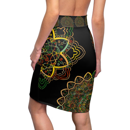 All Over Prints - Women's Pencil Skirt with Hand - Drawn Mandala Design - Gold, Green & Red - Blululi All Over Prints - Blululi