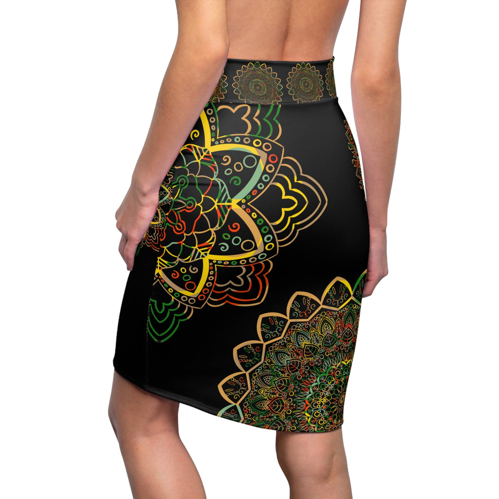 All Over Prints - Women's Pencil Skirt with Hand - Drawn Mandala Design - Gold, Green & Red - Blululi All Over Prints - Blululi